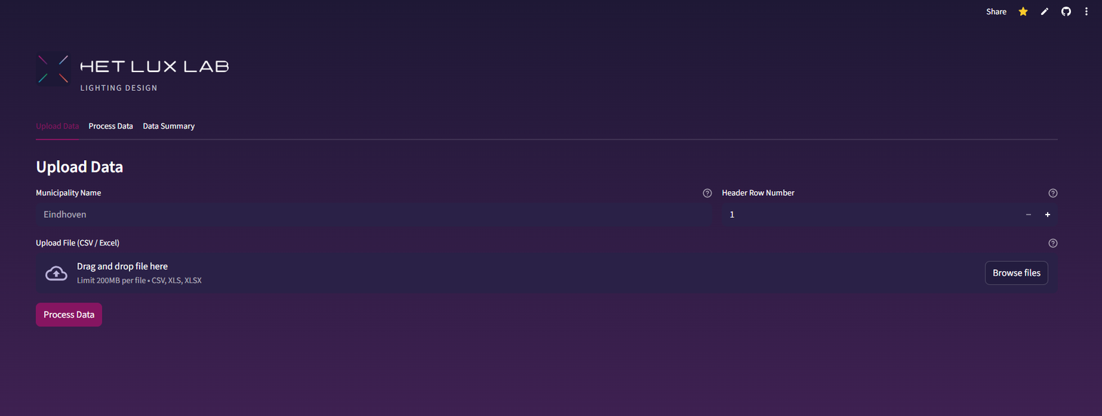 Data Upload Interface for importing lamp datasets